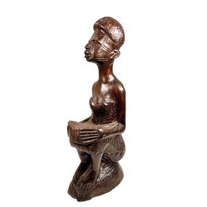 Vintage African Tribal Art Wood Carving Woman Sitting 6" Figurine Solid Unsigned